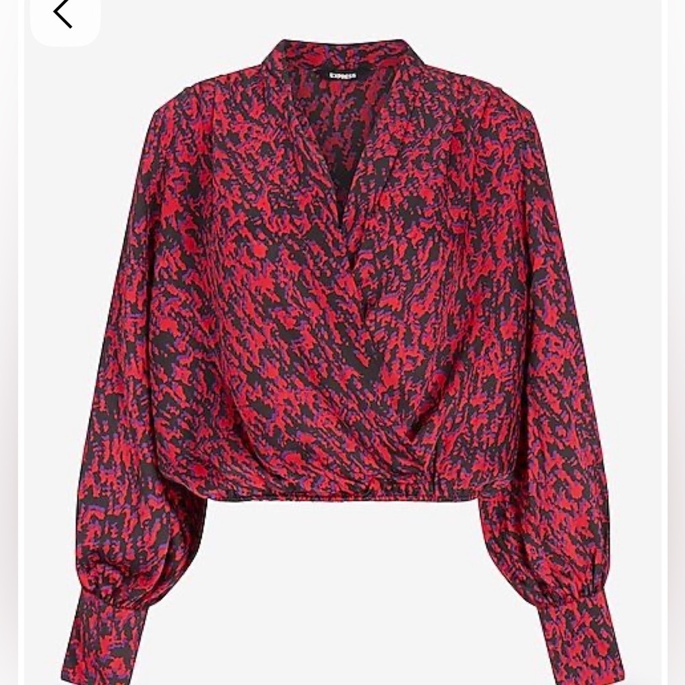 Express red print wrap blouse with shoulder pads xl